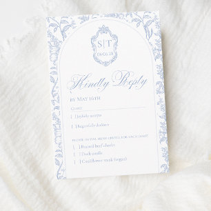 Crest Monogram Soft Delft Blue Floral Script RSVP Card