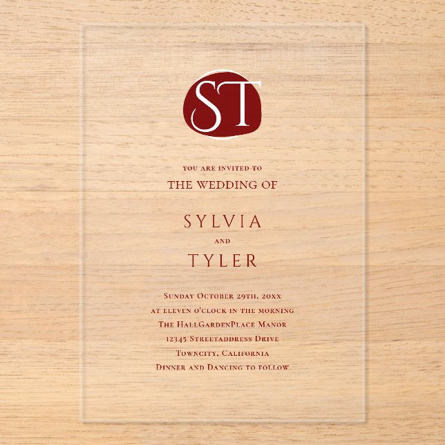Crest Monogram Typography Wedding  Acrylic Invitations (Front)