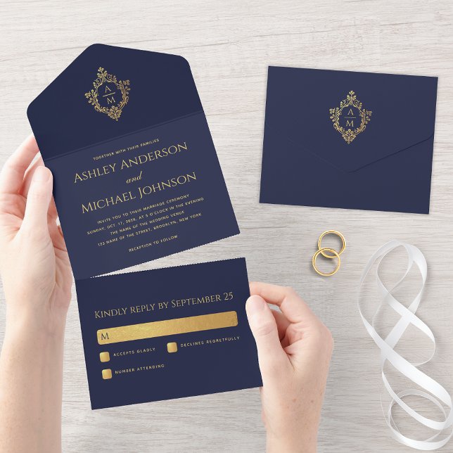 Crest Navy Blue Faux Gold Elegant Wedding Monogram All In One Invitation (Creator Uploaded)