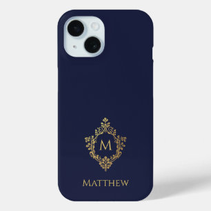 Crest Navy Blue Gold Monogram Name Vintage  iPhone 15 Case