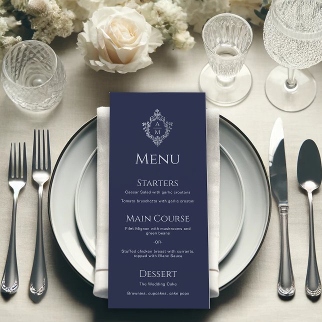 Crest Navy Blue Vintage Elegant Monogram Wedding  Menu (Creator Uploaded)