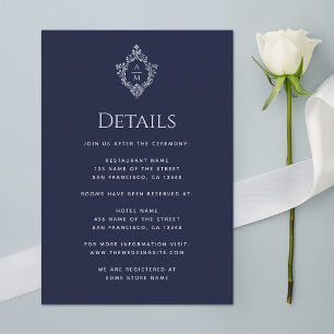 Crest Navy Blue Wedding Details Monogram Vintage   Enclosure Card