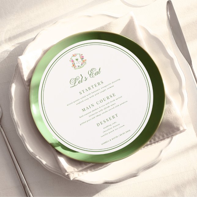 Crest Palm Tree Monogram Lets Eat Round Wedding Menu (Creator Uploaded)