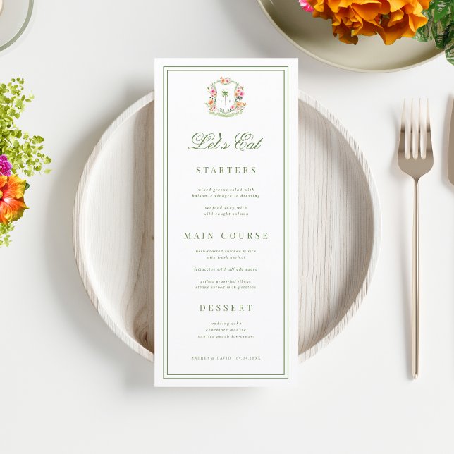 Crest Palm Tree Monogram Lets Eat Tropical Wedding Menu (Creator Uploaded)