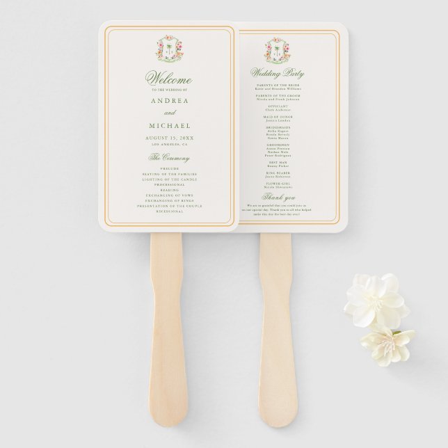 Crest Palm Tree Monogram Tropical Wedding Program Hand Fan (Front and Back)