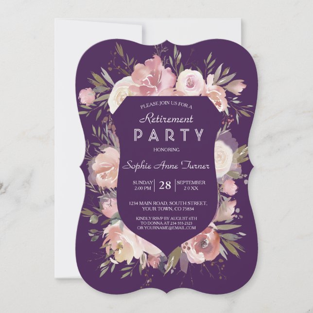 Crest Peach Peonies Purple Pink Retirement Party Invitation (Front)