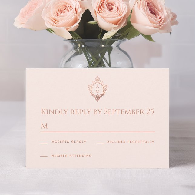 Crest Rose Gold Blush Elegant Monogram Wedding  RSVP Card (Creator Uploaded)