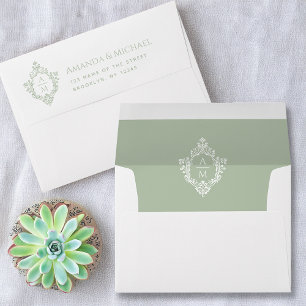 Crest Sage Green Wedding Monogram Vintage Address Envelope