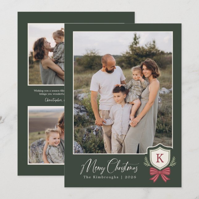 Crest Striped Bow 4 Monogram Photo Christmas Card (Front/Back)