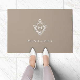 Crest Taupe Neutrals Elegant Monogram and Name Doormat