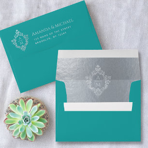 Crest Teal Faux Silver Wedding Monogram 2 Initials Envelope