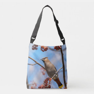 Crest‑Topped Waxwing in Bright Blue Sky Crossbody Bag