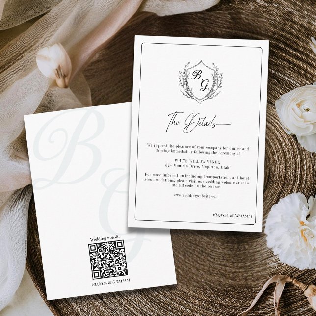 Crest Wedding Monogram black & white details Enclosure Card (Creator Uploaded)
