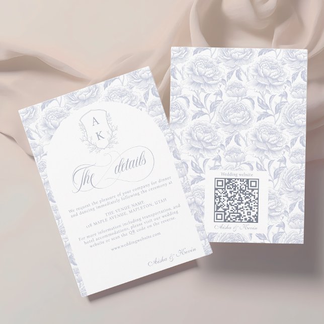 Crest Wedding Monogram Dusty Blue Script details Enclosure Card (Creator Uploaded)