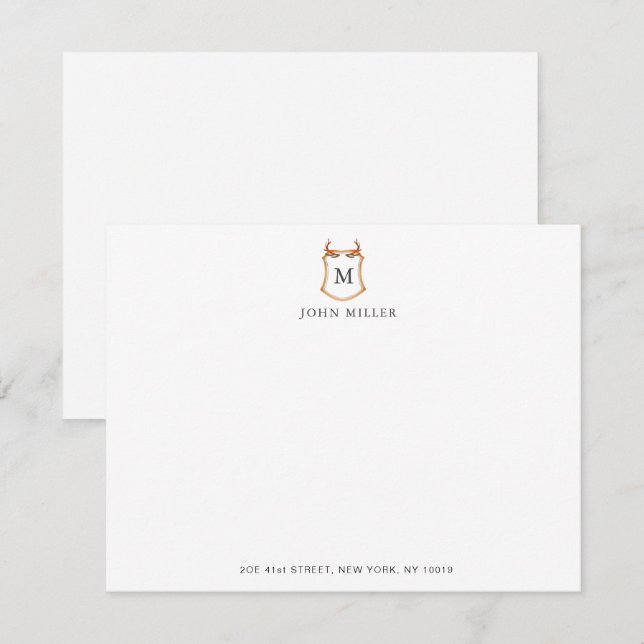 Crest with Antlers Monogrammed flat Thank You Card (Front/Back)