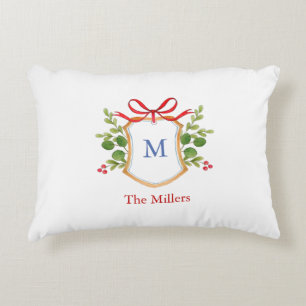 Crest with greenery Monogram Holiday Decorative Cushion