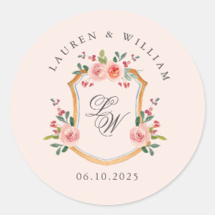 Crest with monogram pink wedding  classic round sticker