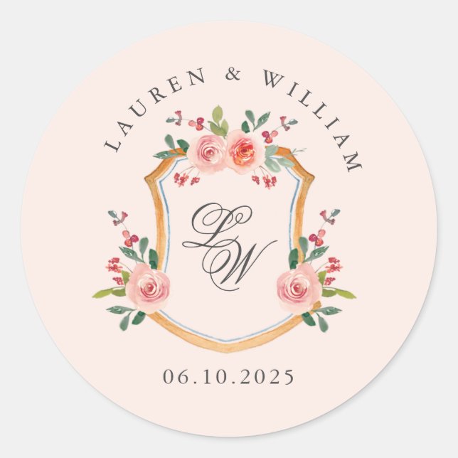 Crest with monogram pink wedding  classic round sticker (Front)