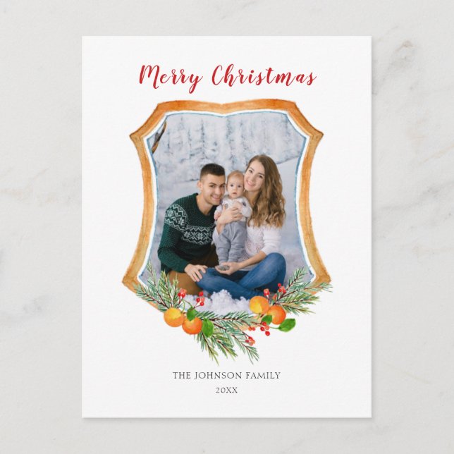 Crest with winter greenery & Citrus Family Photo  Holiday Postcard (Front)
