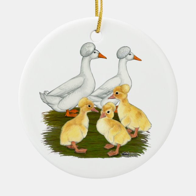Crested Duck Family Ceramic Tree Decoration (Front)