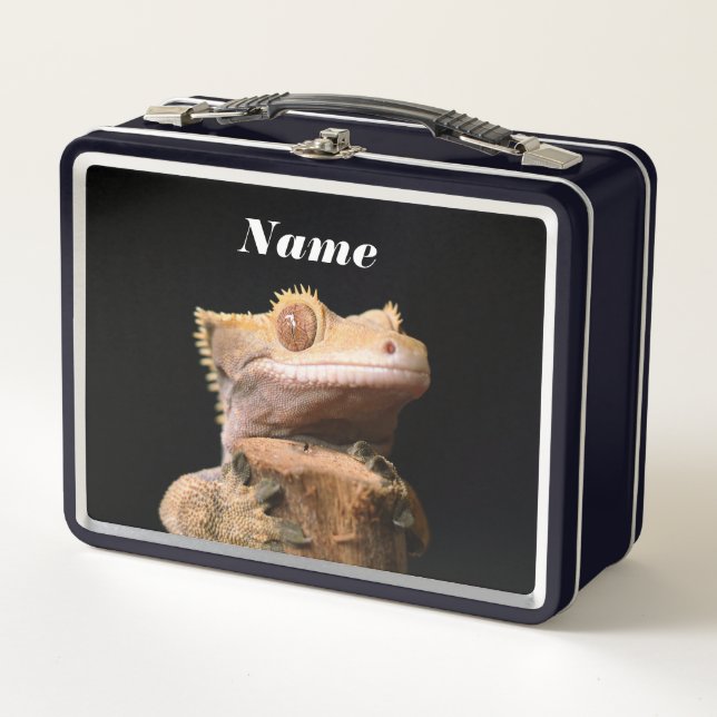 Crested Gecko Lizard on black Metal Lunch Box (Front)