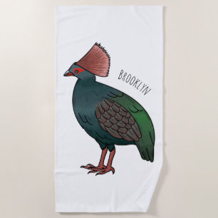 Crested partridge bird cartoon illustration beach towel