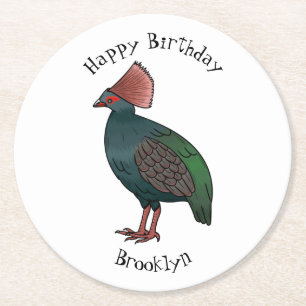 Crested partridge bird cartoon illustration round paper coaster
