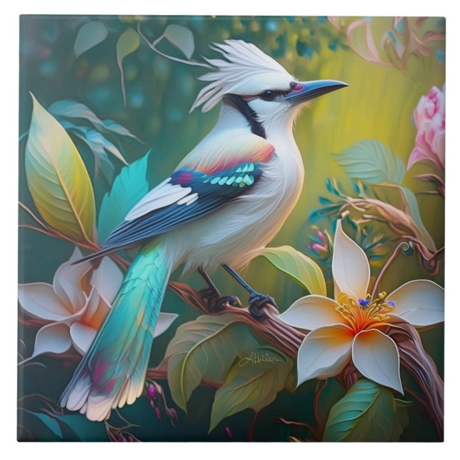 Crested Teal Winged Jay Ceramic Tile (Front)
