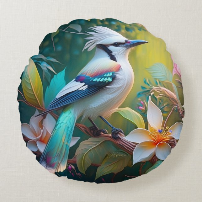 Crested Teal Winged Jay Round Cushion (Front)