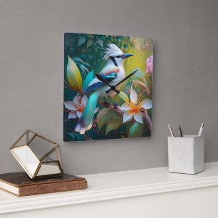 Crested Teal Winged Jay Square Wall Clock