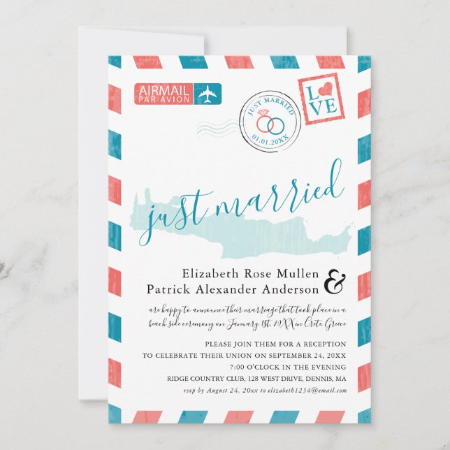 Crete Greece Antique Airmail Post Wedding Invitation (Front)