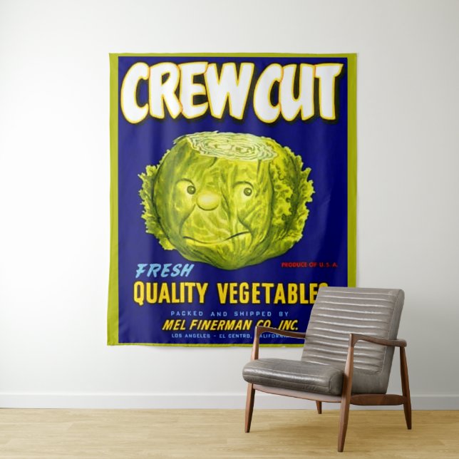 Crew Cut vegetable crate label print Tapestry (In Situ)