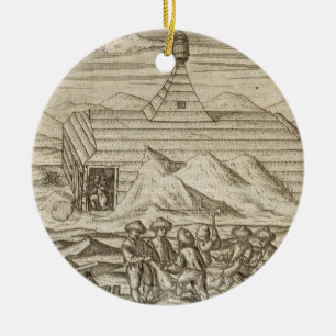 Crew killing and skinning bears, outside  the cabi ceramic ornament