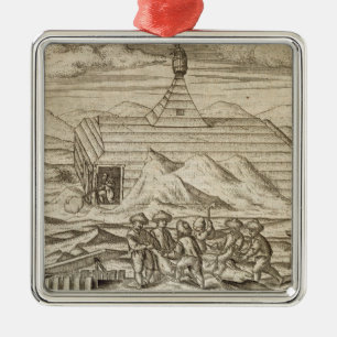 Crew killing and skinning bears, outside  the cabi metal ornament