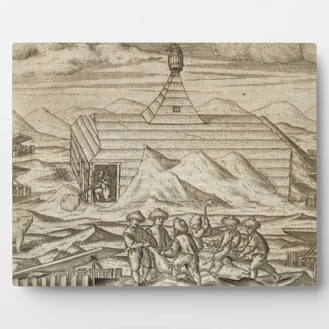 Crew killing and skinning bears, outside  the cabi plaque (Front)