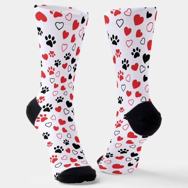 Crew Red and Black Paw Print and Heart Pattern Soc Socks (Angled)
