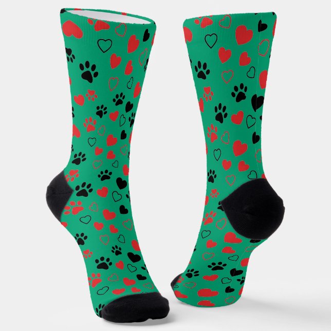 Crew Red and Black Paw Print and Heart Pattern Soc Socks (Angled)