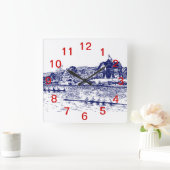 Crew Rowers Race With Boathouse Blue Square Wall Clock (Home)