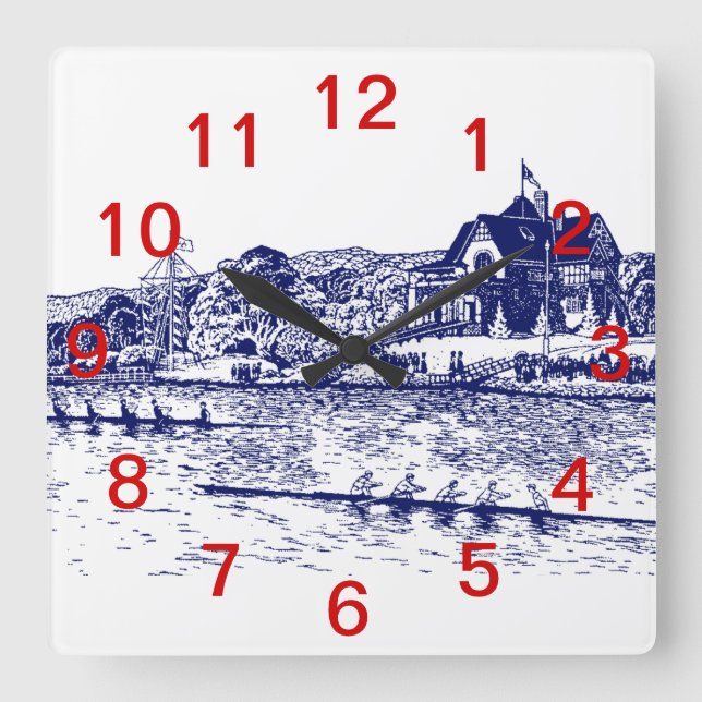 Crew Rowers Race With Boathouse Blue Square Wall Clock (Front)