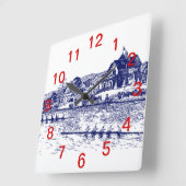 Crew Rowers Race With Boathouse Blue Square Wall Clock (Angle)