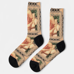 Crew Socks for Women with Peachy Beige Roses