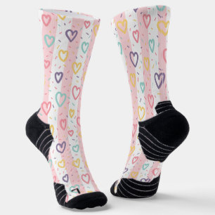 Crew Socks Pink & White Stripe Colorful Hearts