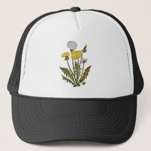 Crewel Embroidered Golden Dandy Lions Trucker Hat