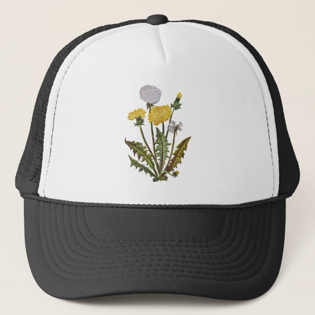Crewel Embroidered Golden Dandy Lions Trucker Hat (Front)