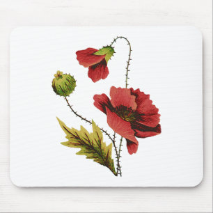 Crewel Embroidery Red Poppy Mouse Pad