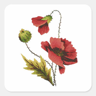 Crewel Embroidery Red Poppy Square Sticker