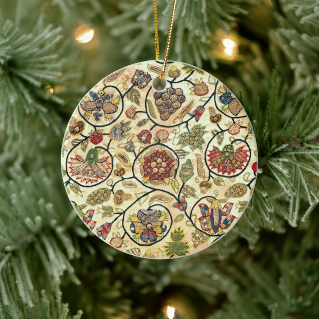 Crewel Work Embroidery Fruit and Flowers Ceramic Ornament (Tree)