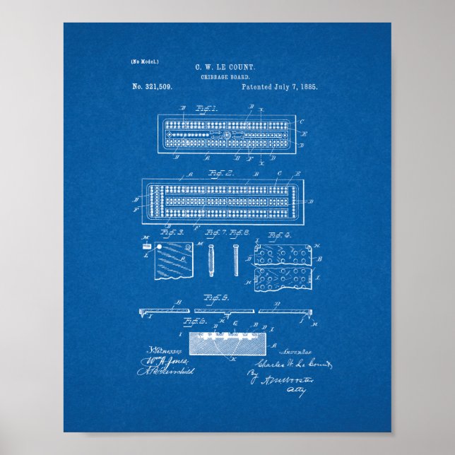 Cribbage Board Patent - Blueprint Poster (Front)