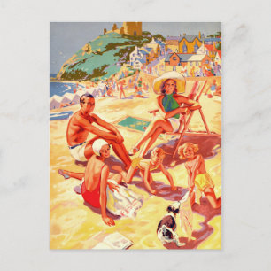 Criccieth beach, Wales, family, vacation, vintage Postcard
