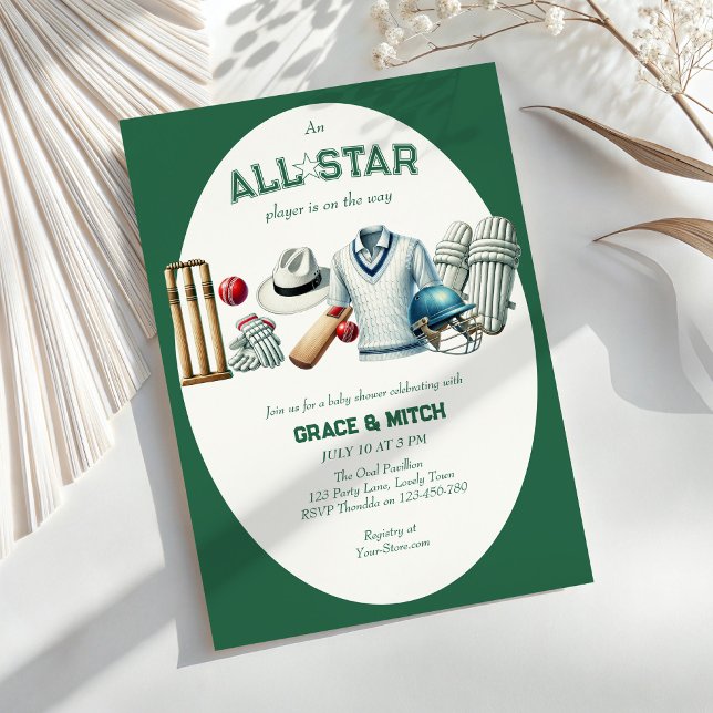 Cricket All Star Player Couples Baby Shower Invitation (All Star Cricket Player Baby Shower invitation)